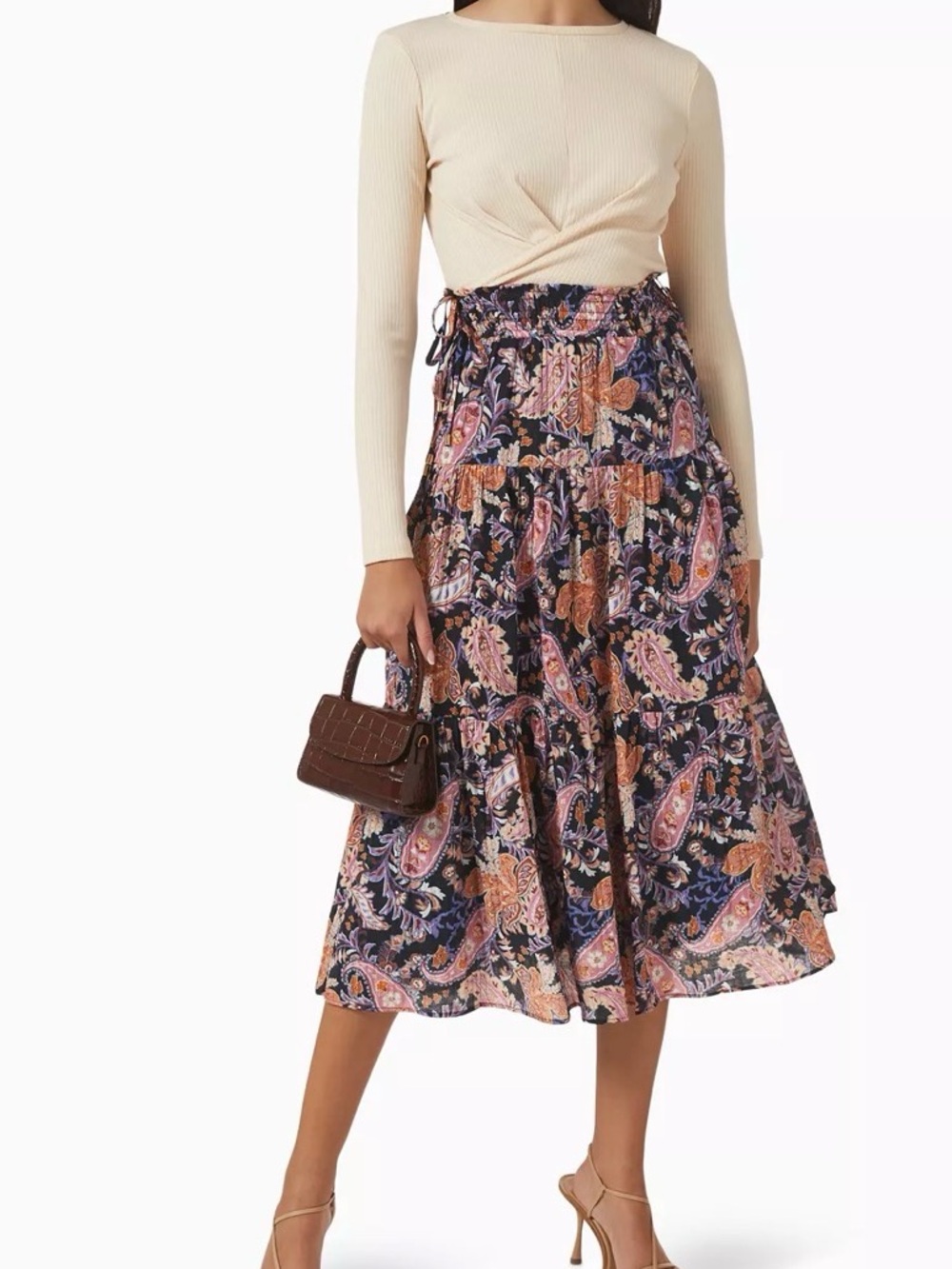 MINKPINK | Celestial Paisley Tiered Midi Skirt in Navy and Pink | Size Large NWT